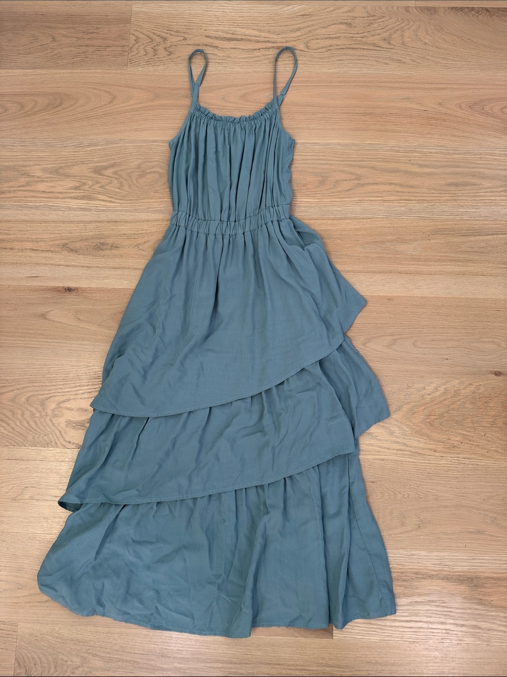 Evereve Dusty Blue Tiered Asymmetrical Maxi Dress Size Small S Rayon Blend